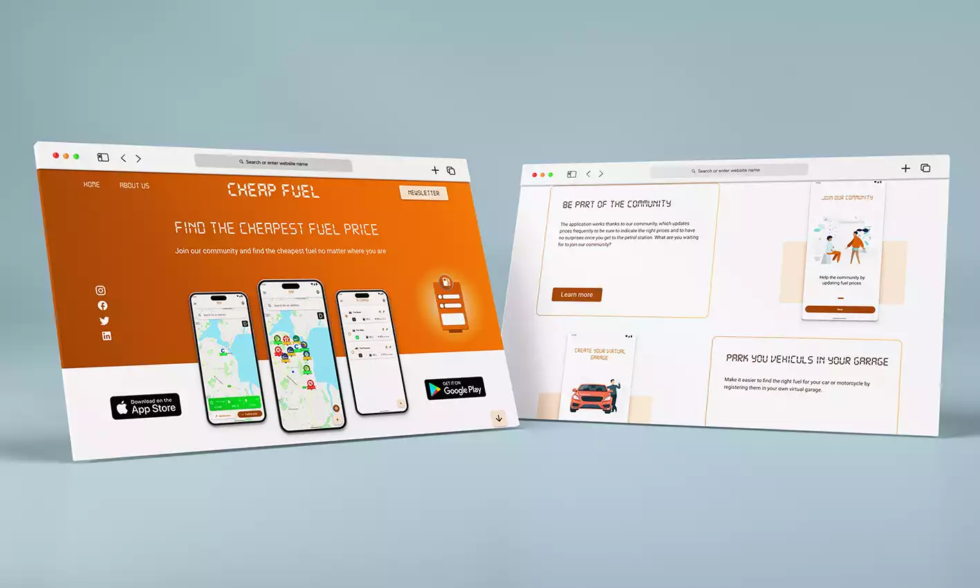 mockup de 2 écrans d'ordinateur montrant le landing page du site cheap fuel