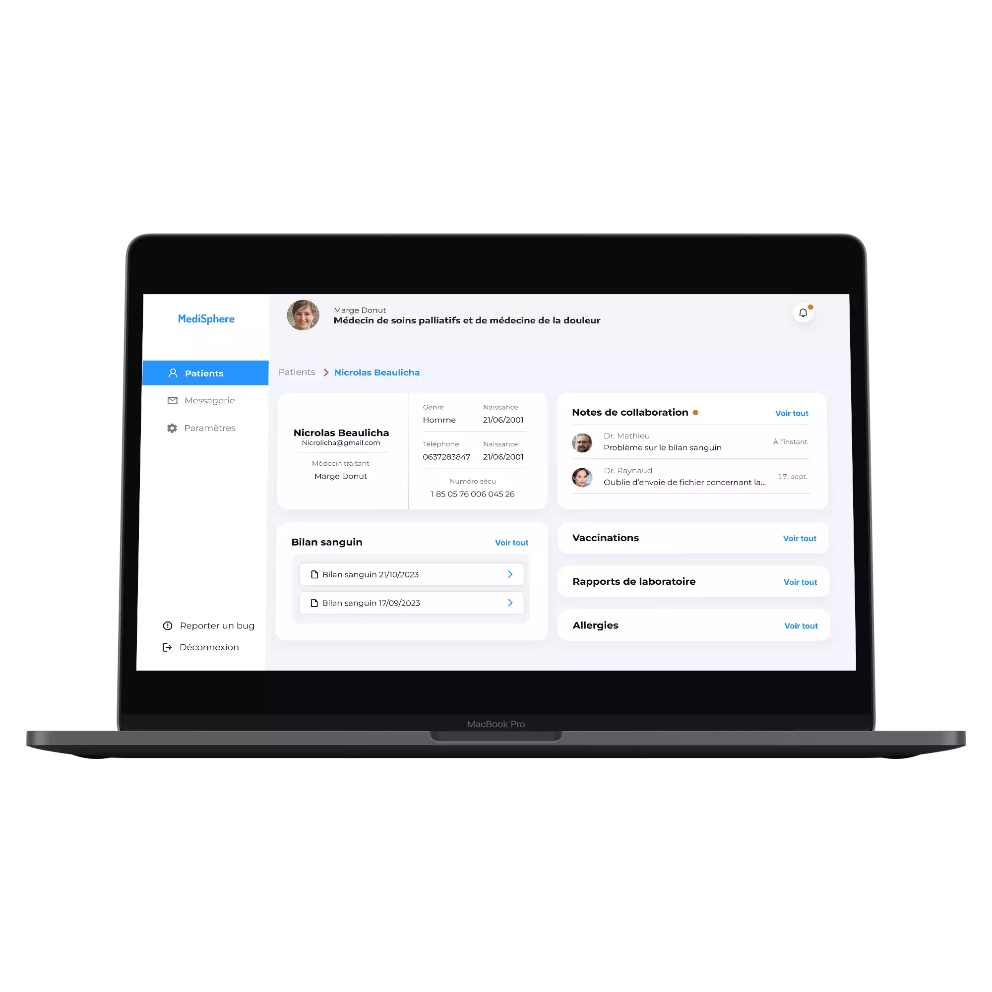 mockup d'un des écrans de l'application web medisphere sur un macbook pro