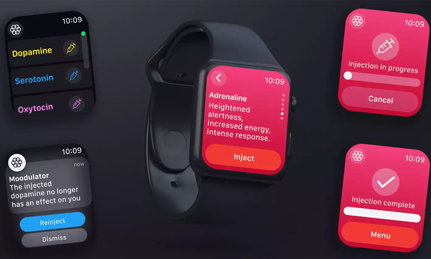 mockup de 5 écrans de l'application moodulator pour apple watch sur fond noir