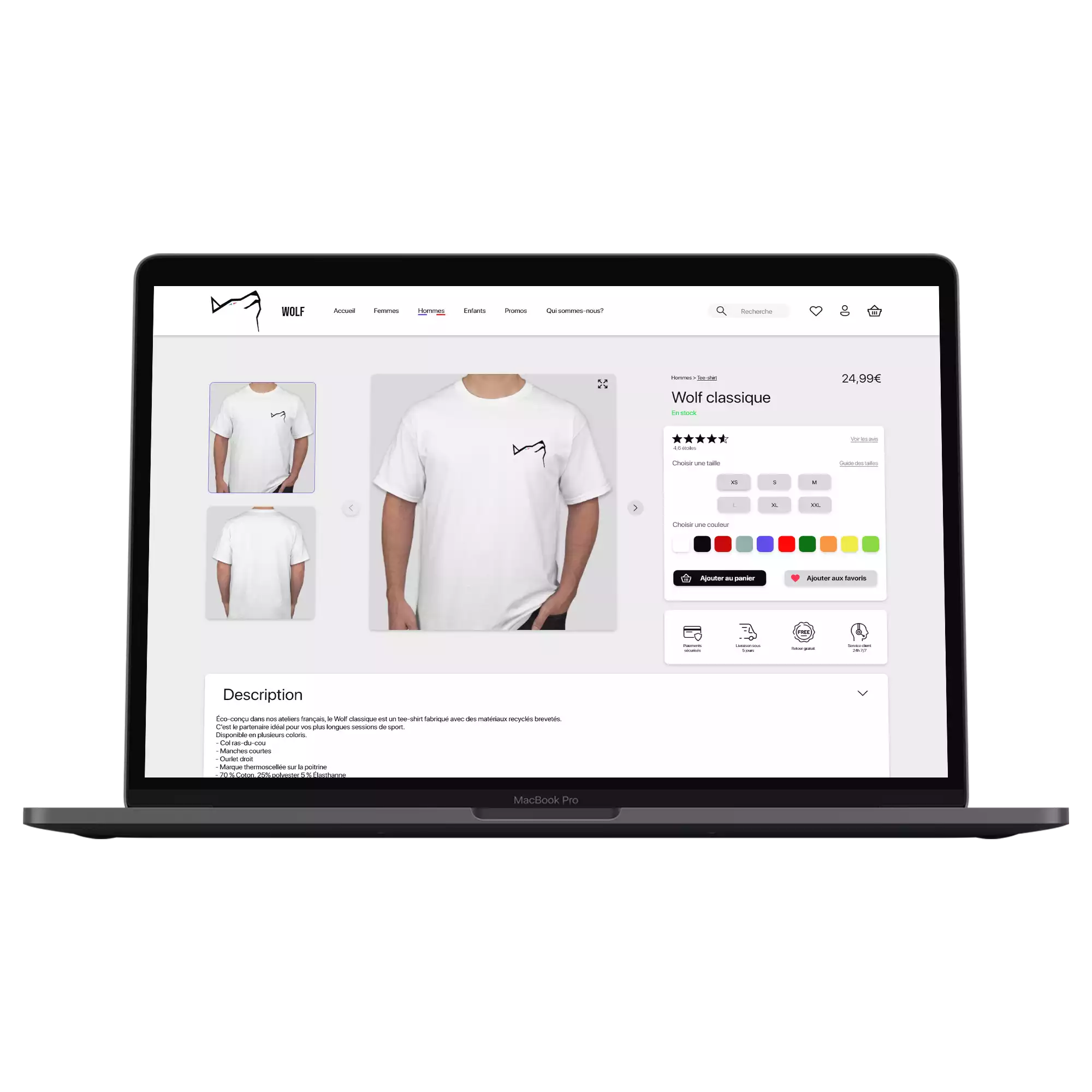 mockup d'une page de la boutique e-commerce de vêtements WOLF sur un macbook